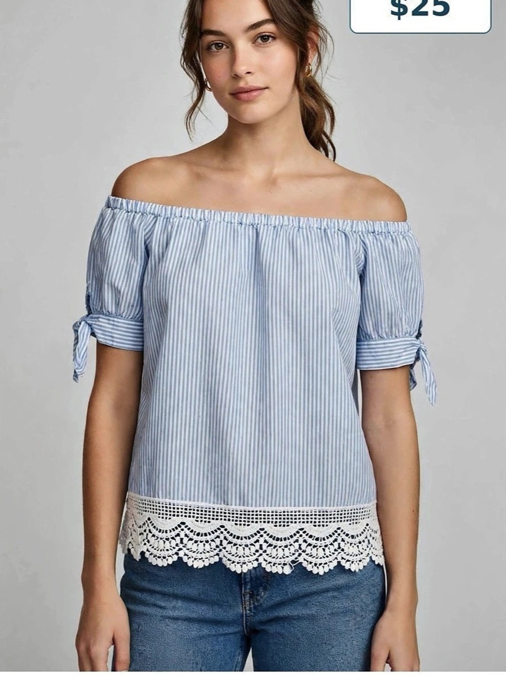 Blue & White Striped Off-Shoulder Blouse Size Medium
